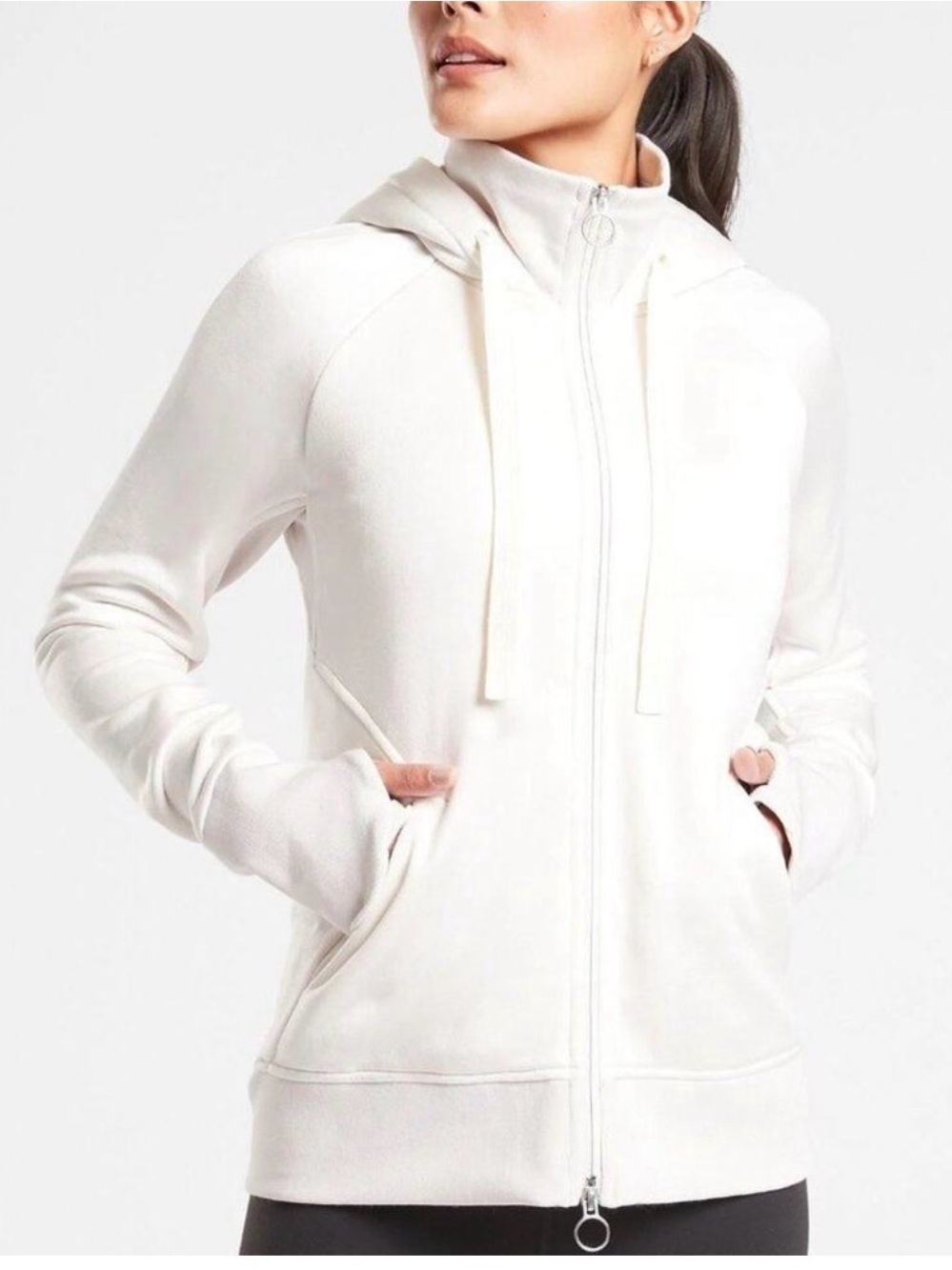 Athleta Triumph Hoodie Pearl White Size Small Tall Full Zip Thumbholes